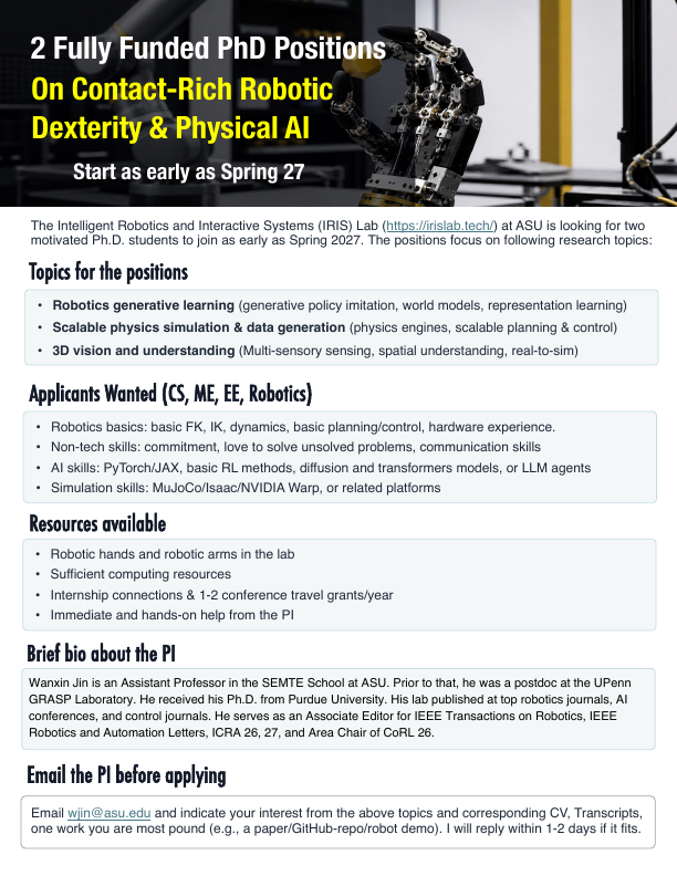 Flyer for two fully funded IRIS Lab PhD positions starting as early as Spring 2027
